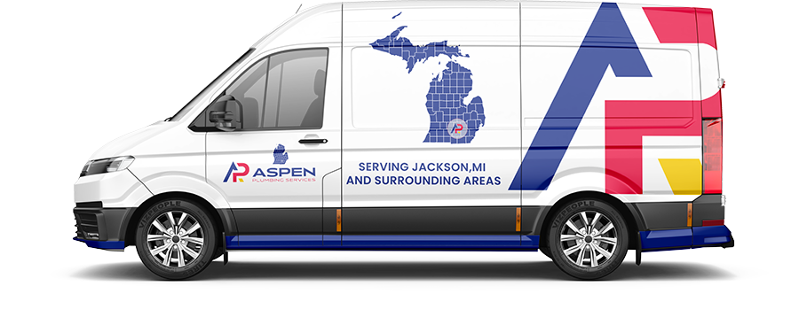 A commercial van with the Aspen Maintenance company branding, advertising plumbing and home services in Jackson, MI, and surrounding areas.