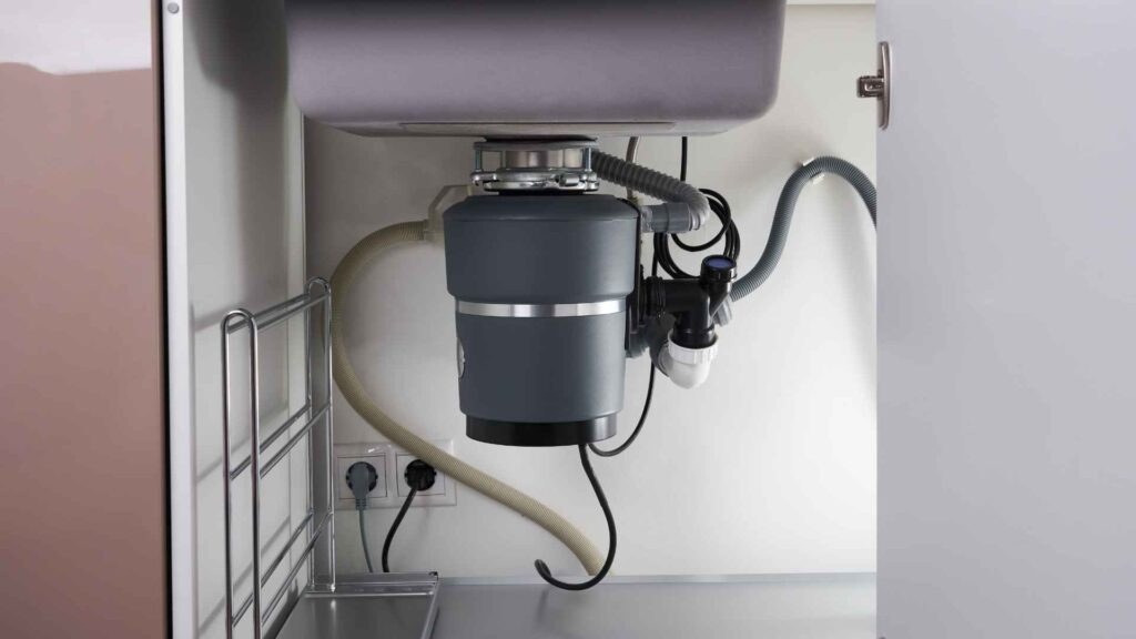 A modern garbage disposal unit installed under a kitchen sink, connected to kitchen plumbing and electrical systems.