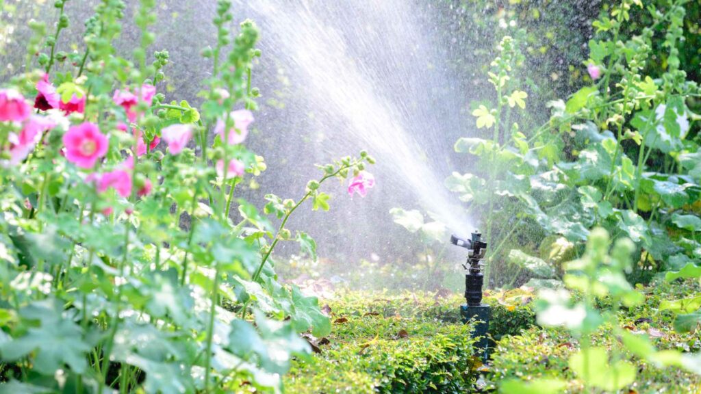 Sprinkler, part of the outdoor plumbing, watering a vibrant garden with pink flowers and lush greenery, sunlight enhancing the spray's mist.