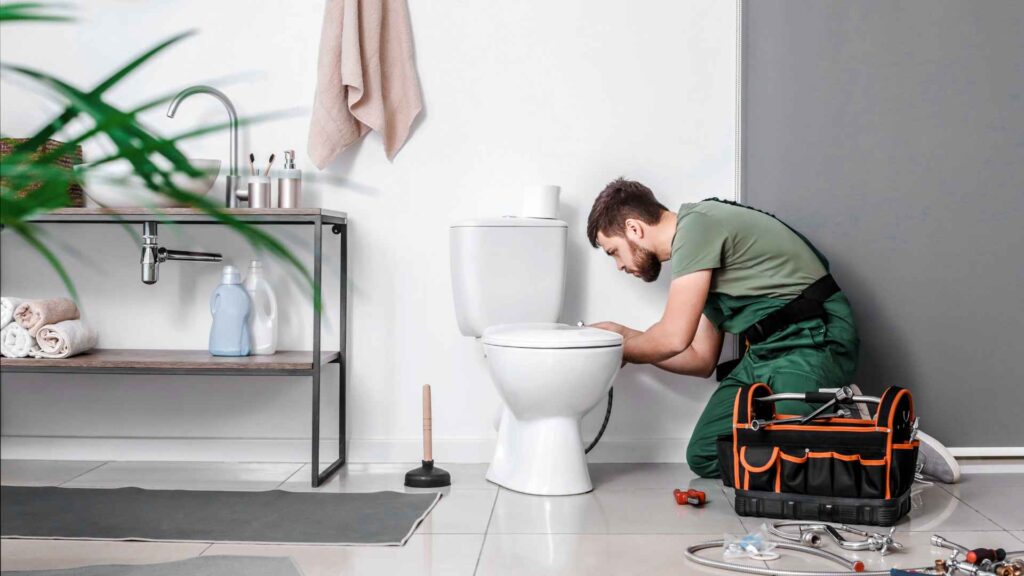 A plumber in a green uniform repairing a white toilet in a modern bathroom plumbing setup, with tools nearby.