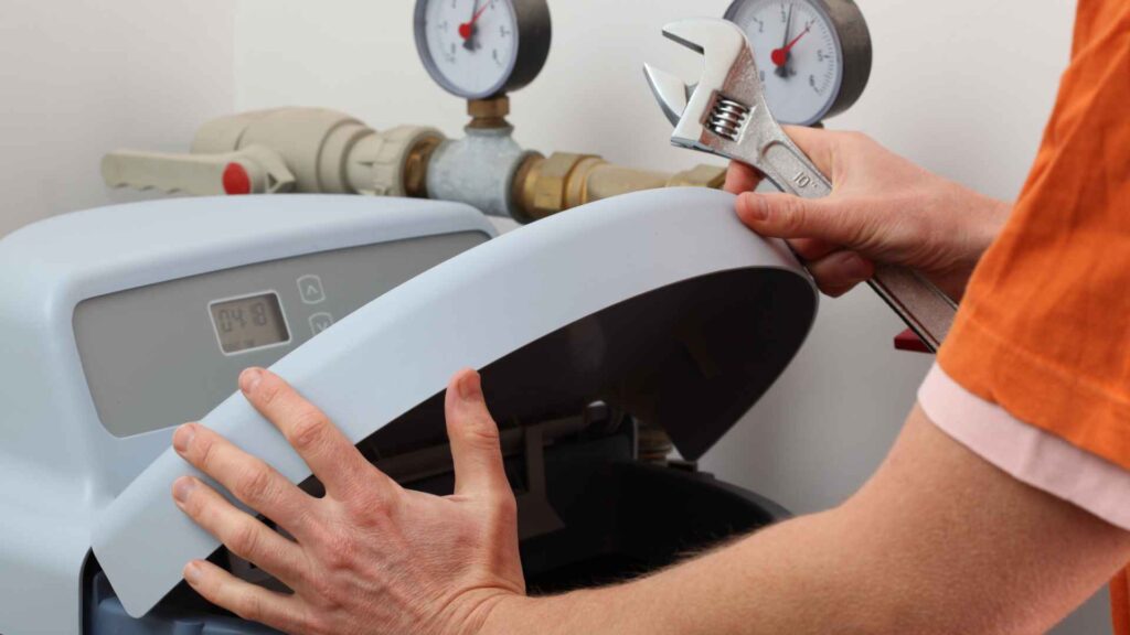 A technician adjusting a water softening system using a wrench, with focus on the pressure gauges and digital display.