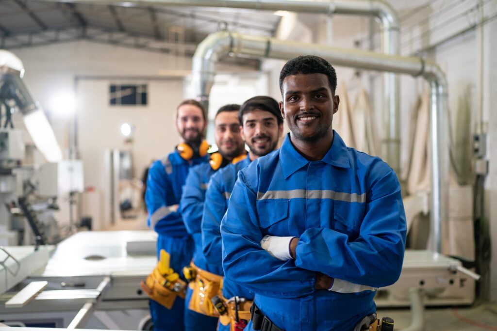 A group of four smiling male workers in blue uniforms and safety gear posing in an industrial setting.