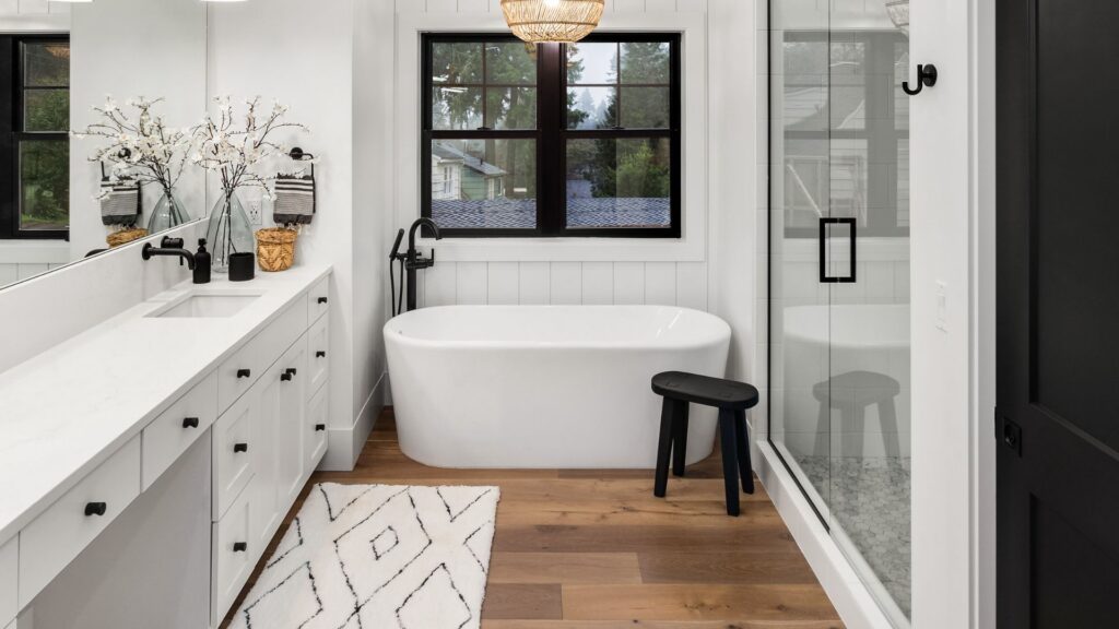 Modern bathroom with a freestanding white tub