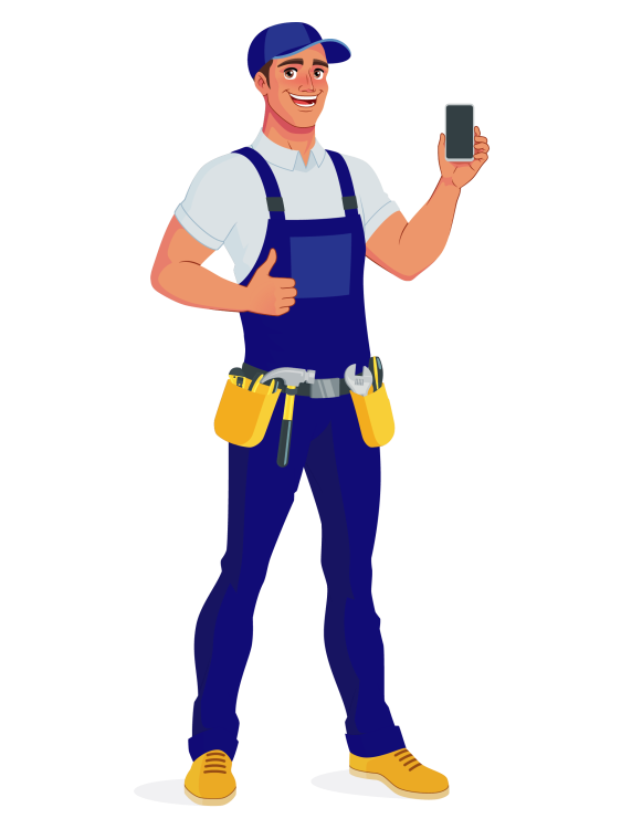 Handyman in overalls and cap holding a smartphone with a cheerful expression.
