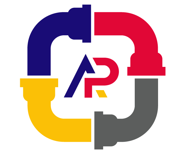 Logo featuring interlocking shapes in blue, red, yellow, and gray forming a letter 'a' in the center for a plumbing company.
