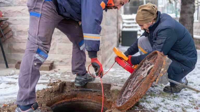 two workers cleaning a sewer