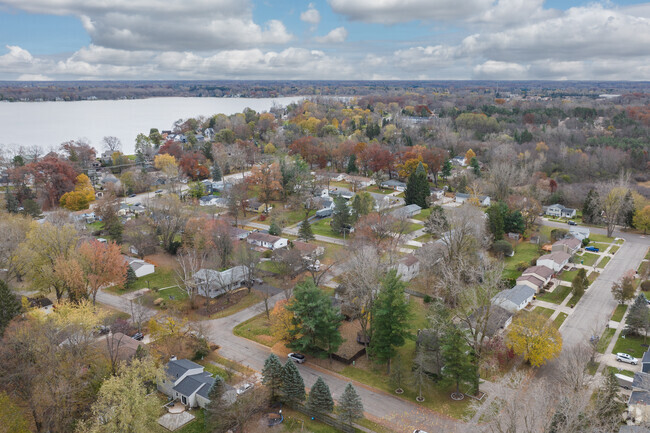 Aerial view of a suburban neighborhood with houses