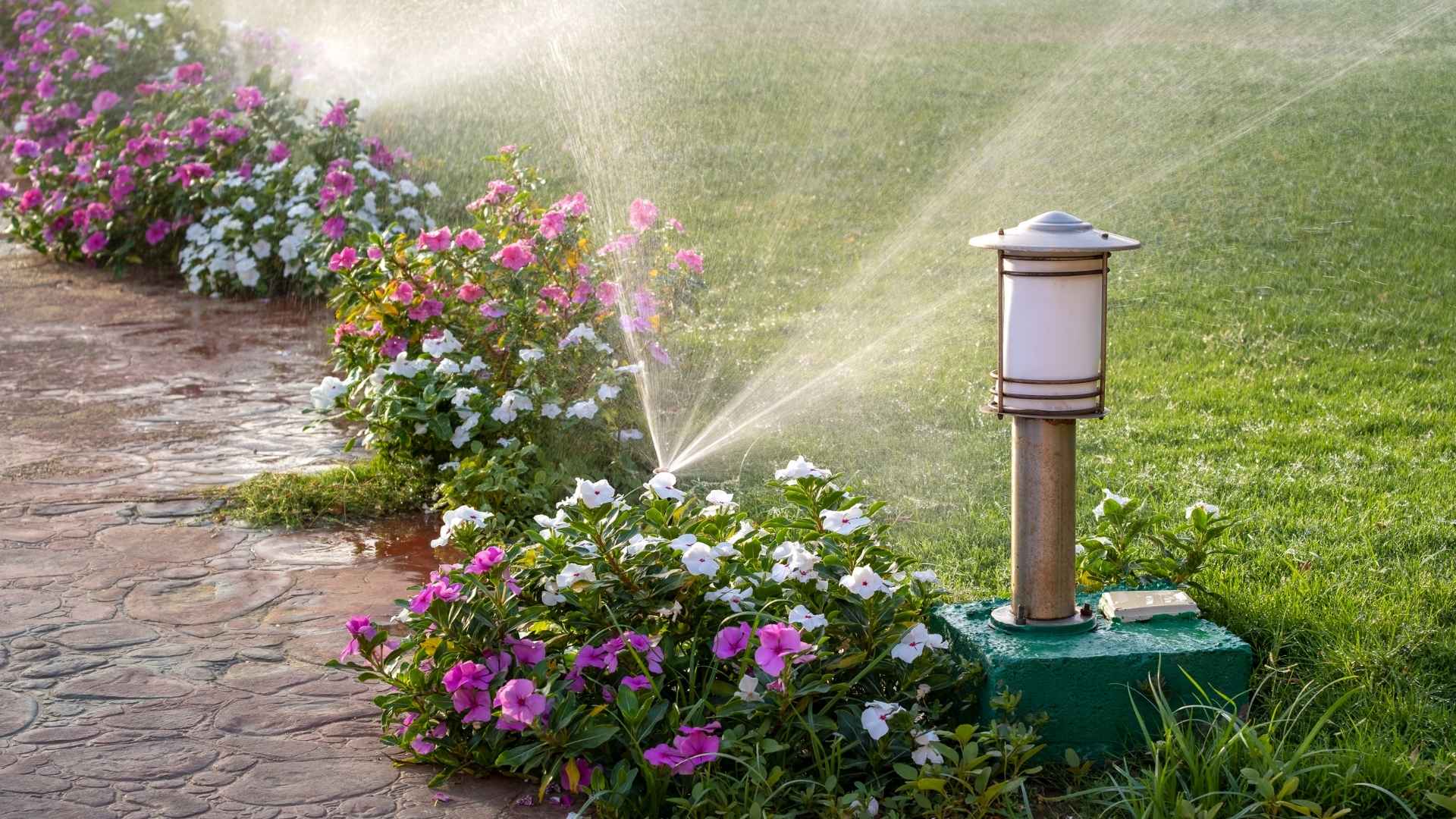 garden with flower bed and a sprinkler system