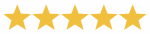 Five yellow stars in a row on a transparent background, representing a five-star rating.