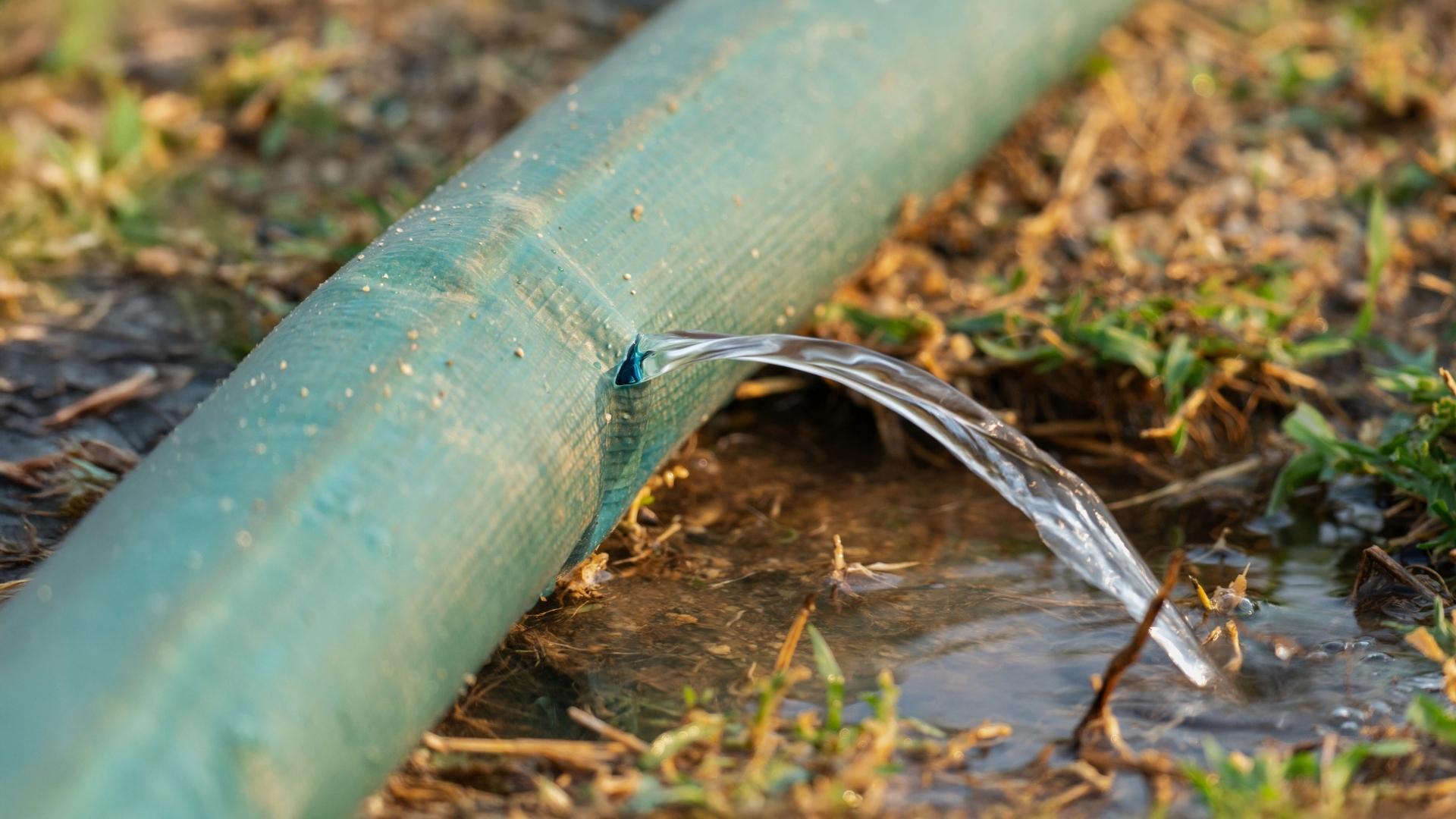 leak repair in michigan Water leaking from a hole in a green garden hose onto the grass and muddy ground.
