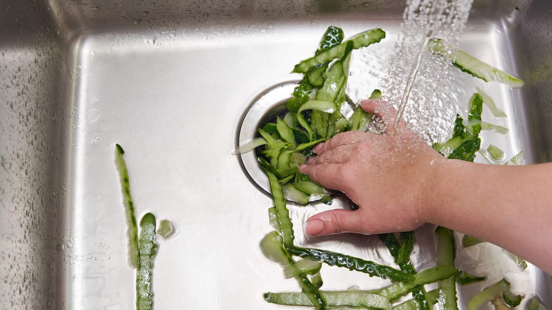 garbage disposal in michigan A hand pushes vegetable peels down a kitchen sink drain while water runs from the faucet.