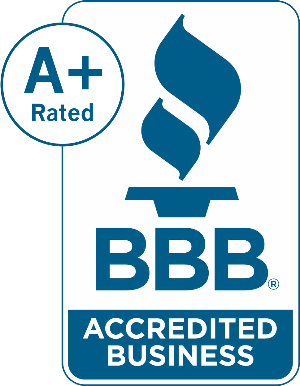 BBB Accredited Business logo with torch symbol and text "A+ Rated" in a circle.