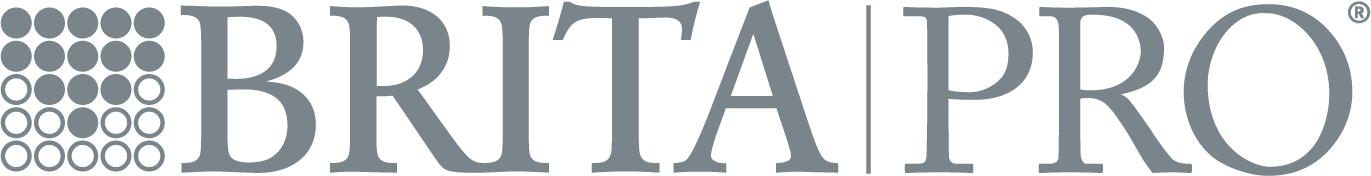 Brita Pro logo with gray text and a pattern of solid and outlined circles on the left.