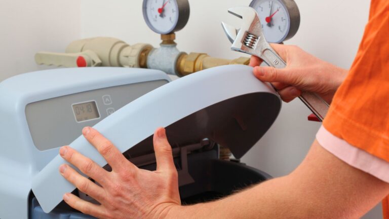 water softener installation in michigan Person using a wrench to service or inspect a water softener system with gauges visible in the background.
