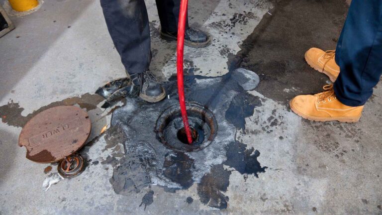 Two people stand near an open sewer with a red drain snake inserted, surrounded by wet stains on the concrete.