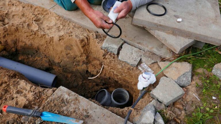 A person installs black rubber seals on plastic pipes in a sandy trench, with tools and paving slabs nearby preparing for sewer cleaning.