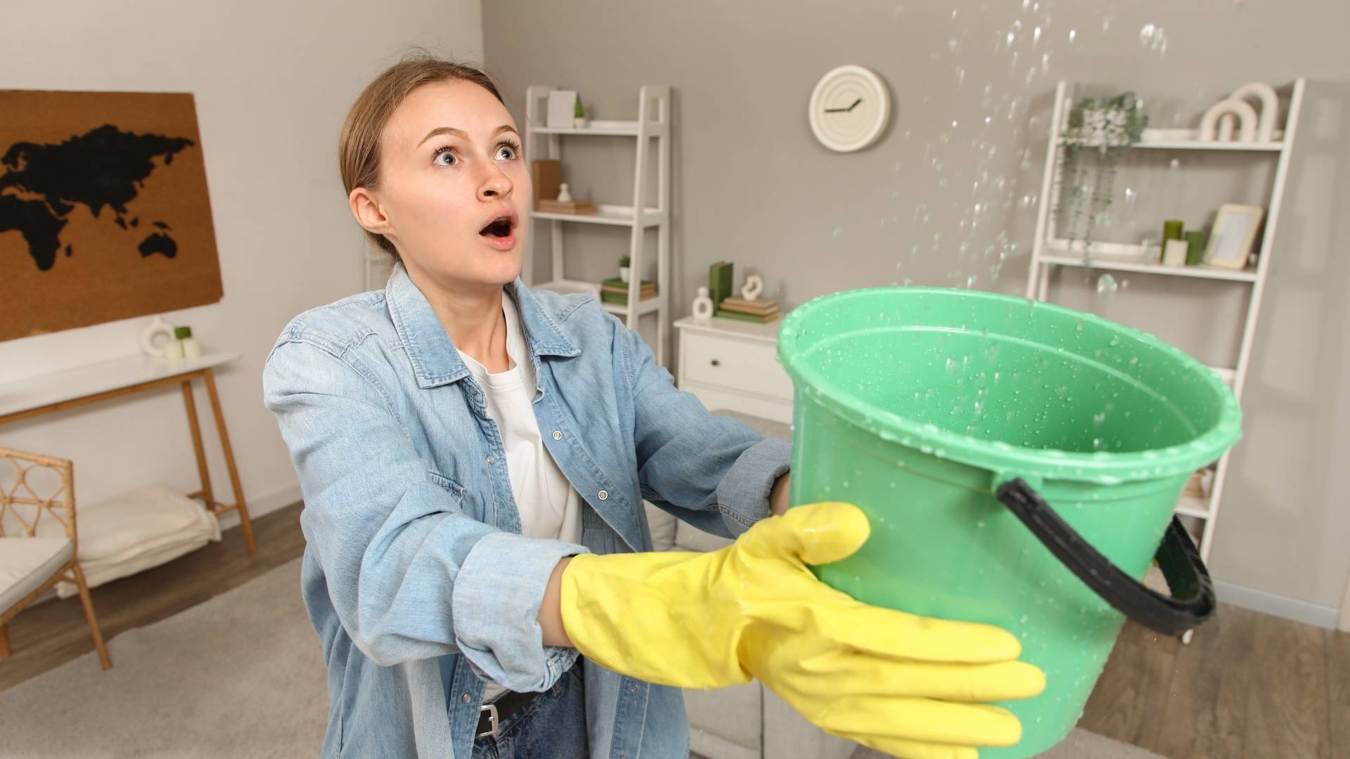 Woman with yellow cleaning gloves on holding green bucket under leak