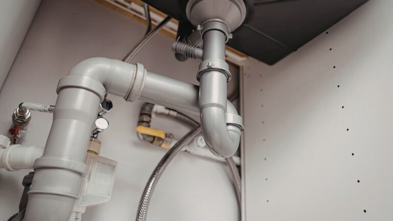 Gray PVC pipes and plumbing fittings under a sink