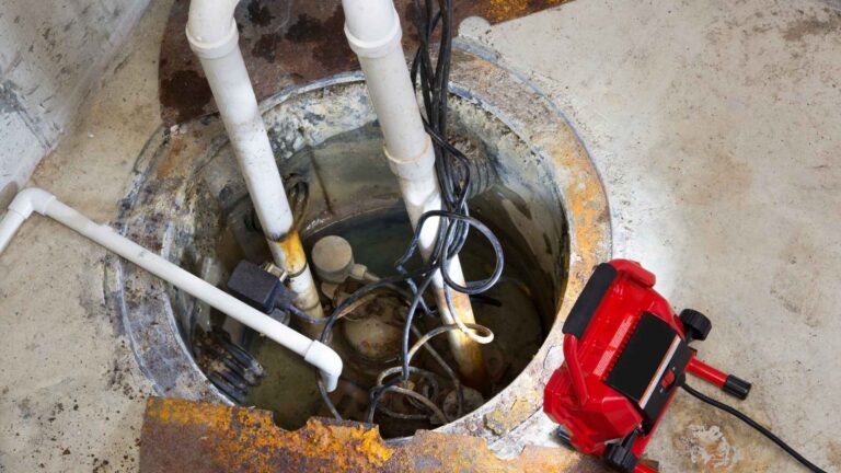 Open sump pump pit with white pipes and electrical wires