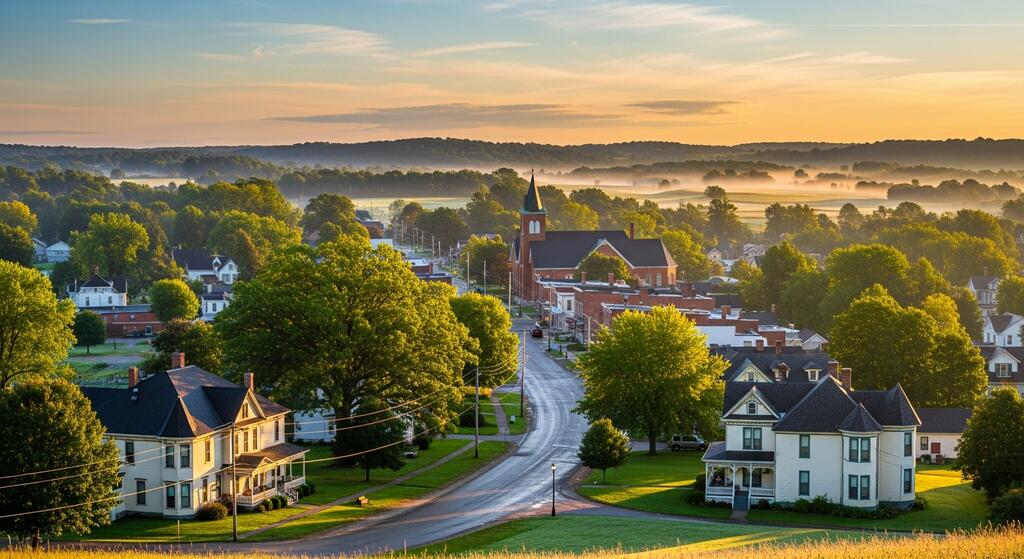 Small town with tree-lined streets, houses