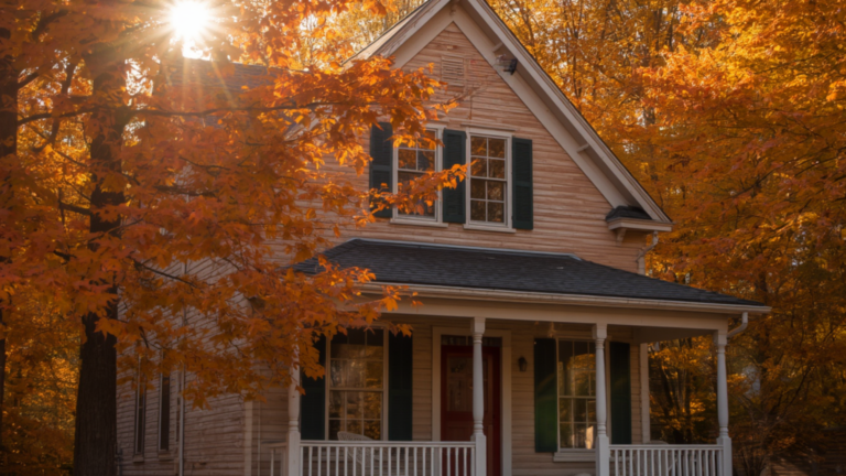 Two-story house with white siding and a covered porch, surrounded by autumn trees with orange leaves and sunlight shining through the branches.