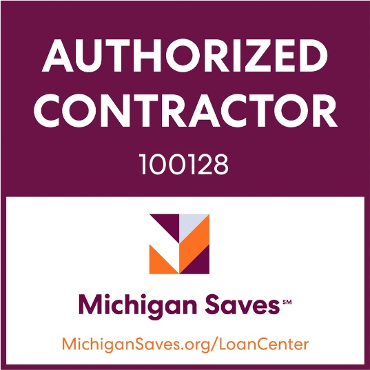 Authorized Contractor 100128 badge for Michigan Saves, featuring their logo and website, MichiganSaves.org/LoanCenter.